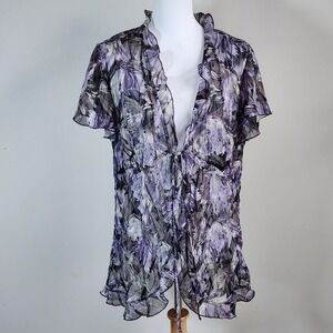Chaps Floral Ruffle Tie Front Blouse Womens 16 Purple Sheer Romantic Feminine